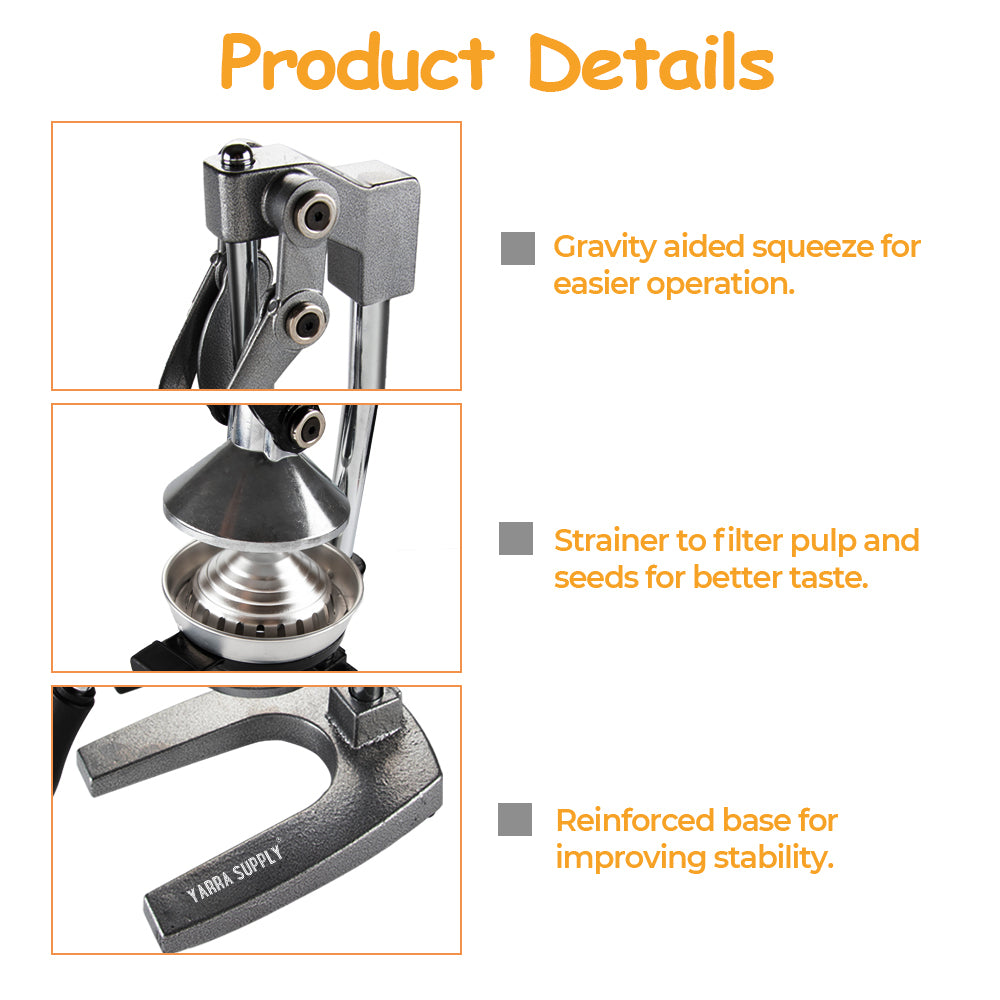Manual Hand Press Juicer Grey Commercial 304 Stainless Steel Fruit Extractor Squeezer Orange Citrus Juicer Presser with Non Slip Base Elongated Handle