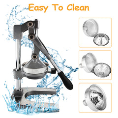 Manual Hand Press Juicer Grey Commercial 304 Stainless Steel Fruit Extractor Squeezer Orange Citrus Juicer Presser with Non Slip Base Elongated Handle