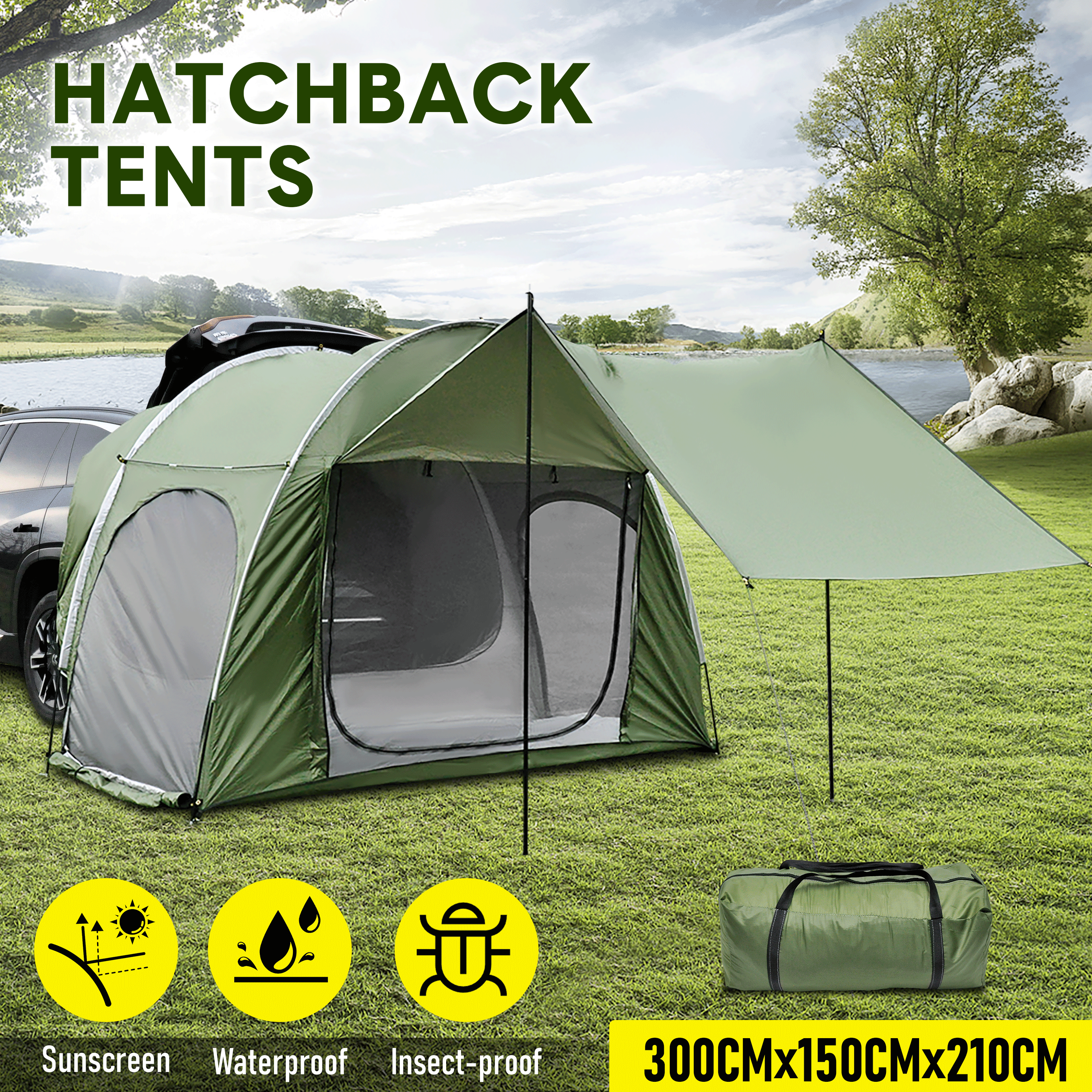 Car Rear Tent Hatchback Tents Waterproof Windproof Tailgate Extension with Awning Shade for 4-6 Persons Camping Gatherings Universal Fit Most SUV/Van/MPV/CUV