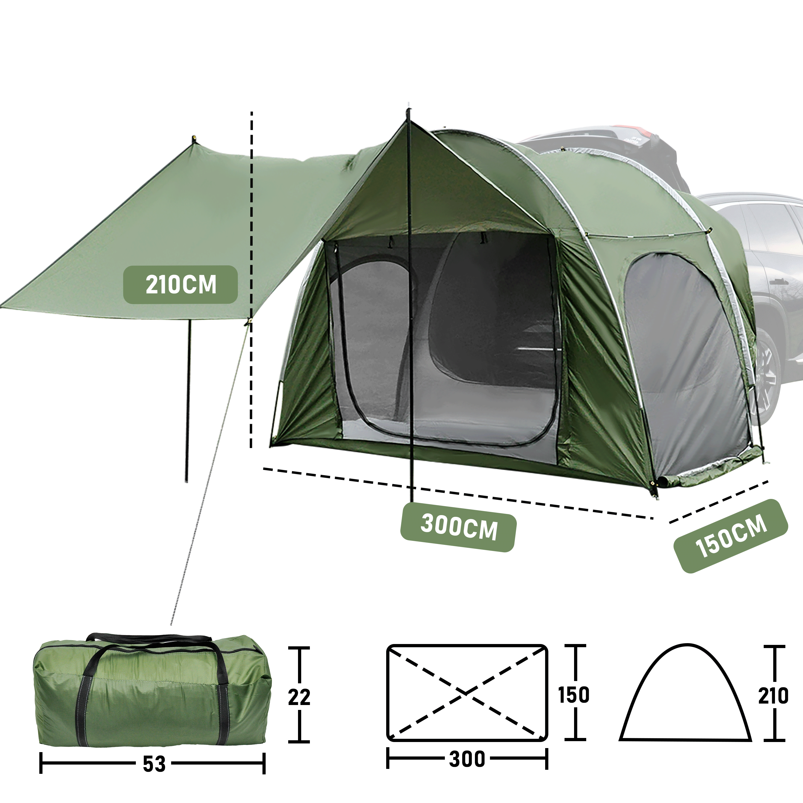 Car Rear Tent Hatchback Tents Waterproof Windproof Tailgate Extension with Awning Shade for 4-6 Persons Camping Gatherings Universal Fit Most SUV/Van/MPV/CUV