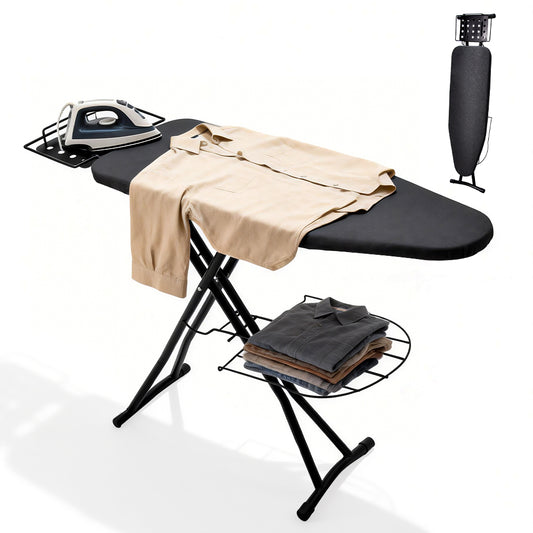 Foldable Ironing Board Full Size Heavy Duty Steel Iron Board 6 Level Height Adjustable with Storage Tray Iron Rest and Heat Resistant Cover Home Laundry