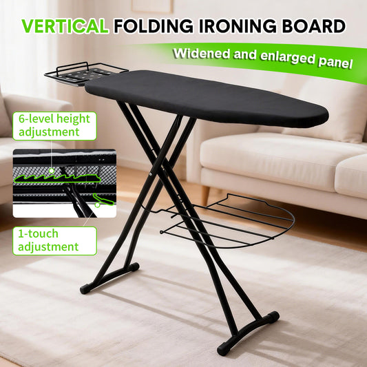 Foldable Ironing Board Full Size Heavy Duty Steel Iron Board 6 Level Height Adjustable with Storage Tray Iron Rest and Heat Resistant Cover Home Laundry