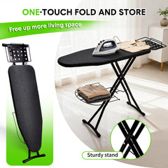 Foldable Ironing Board Full Size Heavy Duty Steel Iron Board 6 Level Height Adjustable with Storage Tray Iron Rest and Heat Resistant Cover Home Laundry