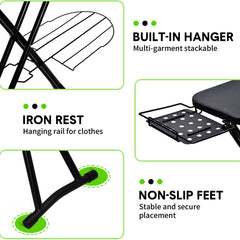 Foldable Ironing Board Full Size Heavy Duty Steel Iron Board 6 Level Height Adjustable with Storage Tray Iron Rest and Heat Resistant Cover Home Laundry