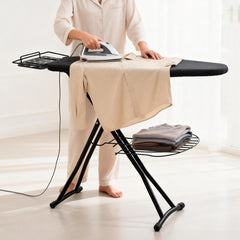 Foldable Ironing Board Full Size Heavy Duty Steel Iron Board 6 Level Height Adjustable with Storage Tray Iron Rest and Heat Resistant Cover Home Laundry