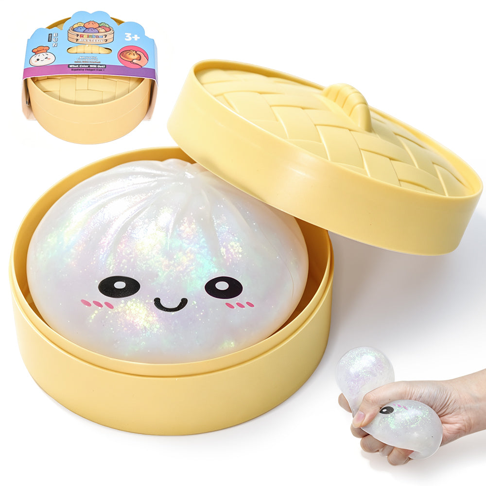 White Dumpling Squeeze Toy Squishy Bun Mystery Box Glitter Fidget Sensory TPR Stress Ball for Adults Kids Teens Party Travel Holiday Birthday Gift 95x50mm