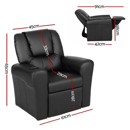 Keezi Kids Recliner Chair Black PU Leather Sofa Lounge Couch Children Armchair