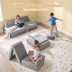 Keezi 12PCS Modular Kids Play Couch Foam Sofa Set with Removable Washable Cover Grey Playroom