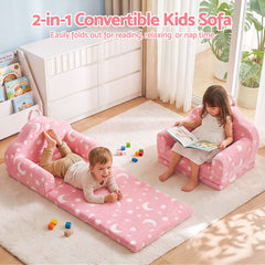 Keezi Kids 2-in-1 Fold Out Sofa Bed with Removable Washable Cover, Carry Handle, Storage Pocket, Glow in the Dark, Pink
