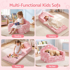 Keezi Kids 2-in-1 Fold Out Sofa Bed with Removable Washable Cover, Carry Handle, Storage Pocket, Glow in the Dark, Pink