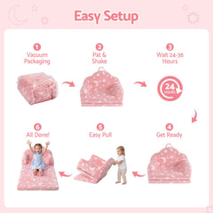 Keezi Kids 2-in-1 Fold Out Sofa Bed with Removable Washable Cover, Carry Handle, Storage Pocket, Glow in the Dark, Pink