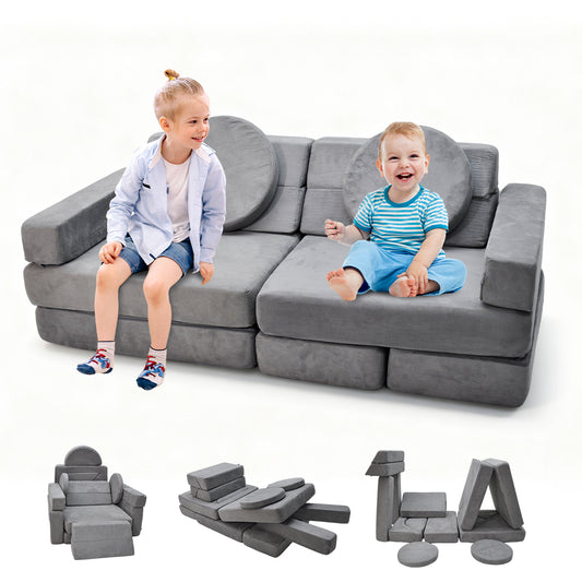 17Pcs Modular Kids Play Sofa Toddler Couch High Density Foam Play Block with Washable Cover Creative Fort Building Playset for Bedroom Playroom Living Room