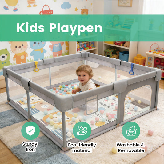 200x180cm Baby Playpen Portable Large Play Pen with Playmat Breathable Net and Zipper Door Indoor Outdoor Babies Toddlers Fence Play Area with Carry Bag