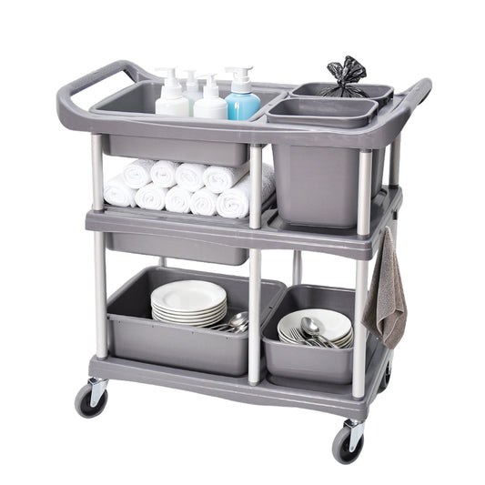 3-Tier Serving Trolley Dining Tableware Collection Rolling Cart with 2 Buckets and 4 Trays Large Utility Cart for Catering Cafes Restaurants Max Load 60kg