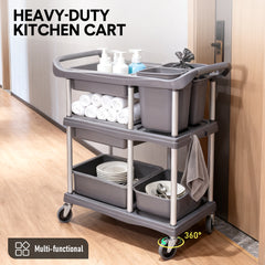 3-Tier Serving Trolley Dining Tableware Collection Rolling Cart with 2 Buckets and 4 Trays Large Utility Cart for Catering Cafes Restaurants Max Load 60kg