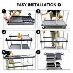 3-Tier Serving Trolley Dining Tableware Collection Rolling Cart with 2 Buckets and 4 Trays Large Utility Cart for Catering Cafes Restaurants Max Load 60kg