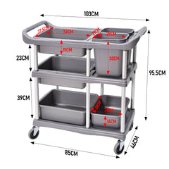3-Tier Serving Trolley Dining Tableware Collection Rolling Cart with 2 Buckets and 4 Trays Large Utility Cart for Catering Cafes Restaurants Max Load 60kg