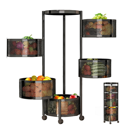 5 Layer Rotating Storage Trolley Kitchen Rolling Tiered Rack Stacking Organizer with 360 Swivel Lockable Wheels for Storing Fruit Vegetable Black