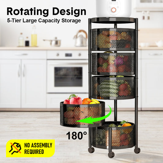 5 Layer Rotating Storage Trolley Kitchen Rolling Tiered Rack Stacking Organizer with 360 Swivel Lockable Wheels for Storing Fruit Vegetable Black