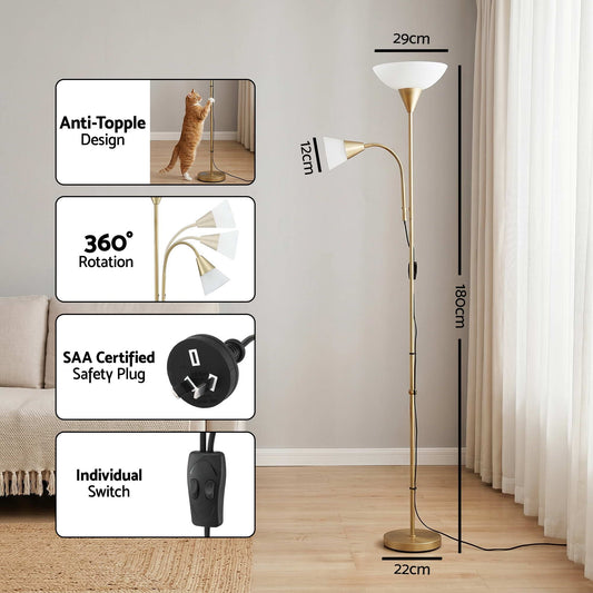 Artiss Gold Floor Lamp with Reading Light | Mother and Child Standing Lamp with 360 Flexible Gooseneck, Individual Switch & Plate Shade, E27 & E14 Bulb (Not Included) Home Living Room Office Reading