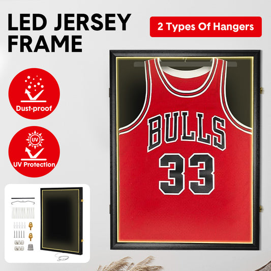 LED Jersey Display Frame with LED Light Sports Shirt Lockable Box Wall Mounted Display Cabinet Shirts Display Showcase Frame with UV Protection