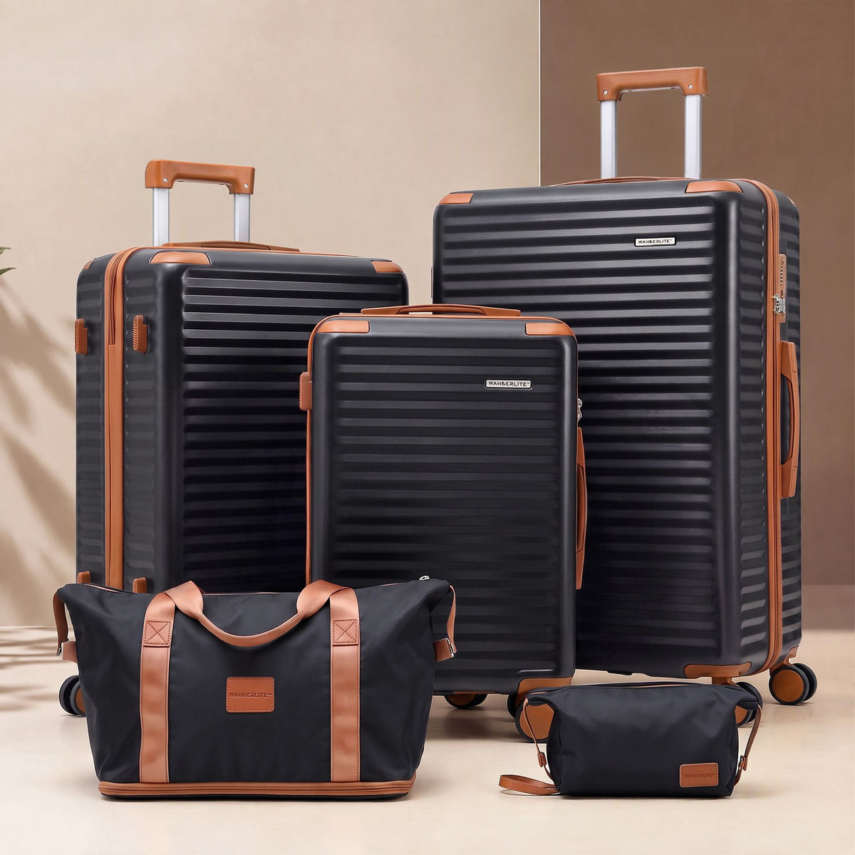 Wanderlite 5pcs Luggage Suitcase Set Trolley Travel TSA Lightweight Hard Case Black Brown