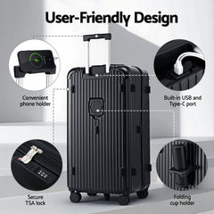 Wanderlite 32" Trunk Luggage Suitcase Travel 5 Wheels Type-C Port TSA Black