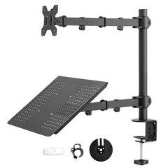 Laptop Desk Mount Monitor Stand Combo Rotatable Dual Arm Desk Mount 13 to 32 inch Screen Holder Bracket Up Height Tray Adjustable Black