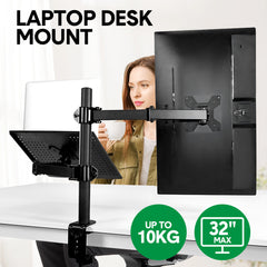 Laptop Desk Mount Monitor Stand Combo Rotatable Dual Arm Desk Mount 13 to 32 inch Screen Holder Bracket Up Height Tray Adjustable Black