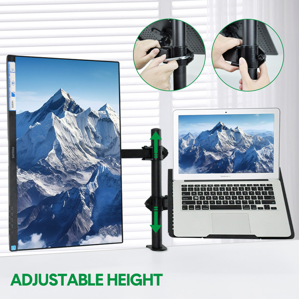 Laptop Desk Mount Monitor Stand Combo Rotatable Dual Arm Desk Mount 13 to 32 inch Screen Holder Bracket Up Height Tray Adjustable Black
