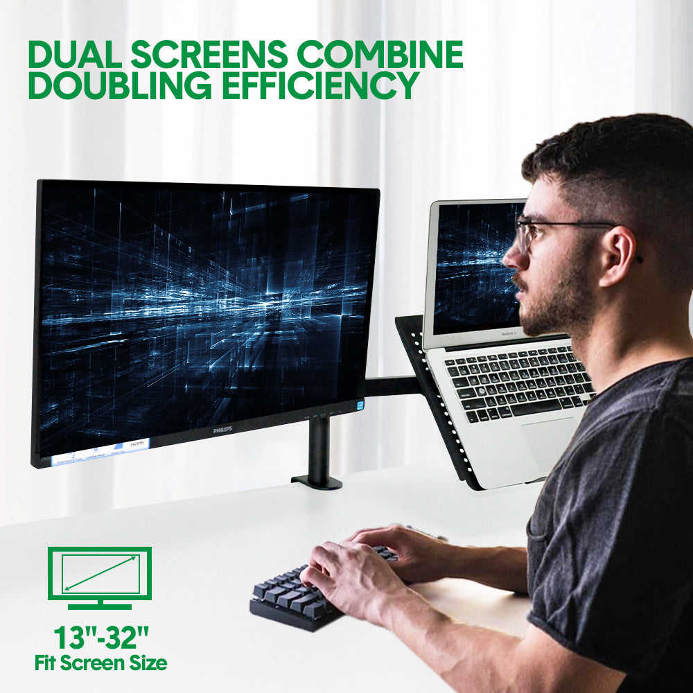 Laptop Desk Mount Monitor Stand Combo Rotatable Dual Arm Desk Mount 13 to 32 inch Screen Holder Bracket Up Height Tray Adjustable Black