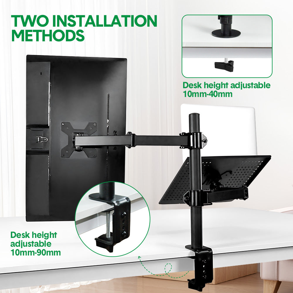 Laptop Desk Mount Monitor Stand Combo Rotatable Dual Arm Desk Mount 13 to 32 inch Screen Holder Bracket Up Height Tray Adjustable Black