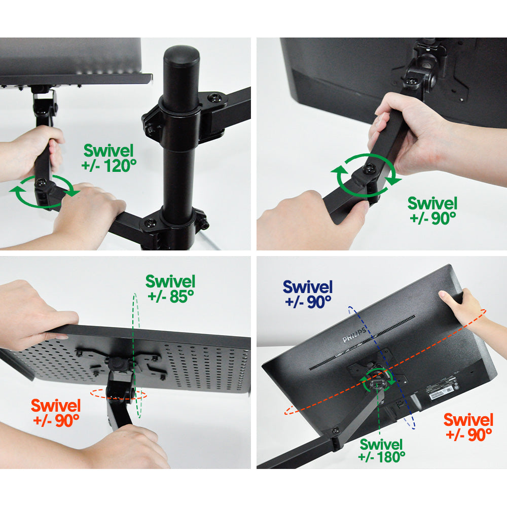 Laptop Desk Mount Monitor Stand Combo Rotatable Dual Arm Desk Mount 13 to 32 inch Screen Holder Bracket Up Height Tray Adjustable Black