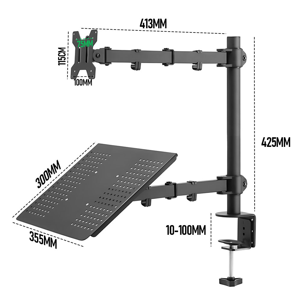 Laptop Desk Mount Monitor Stand Combo Rotatable Dual Arm Desk Mount 13 to 32 inch Screen Holder Bracket Up Height Tray Adjustable Black