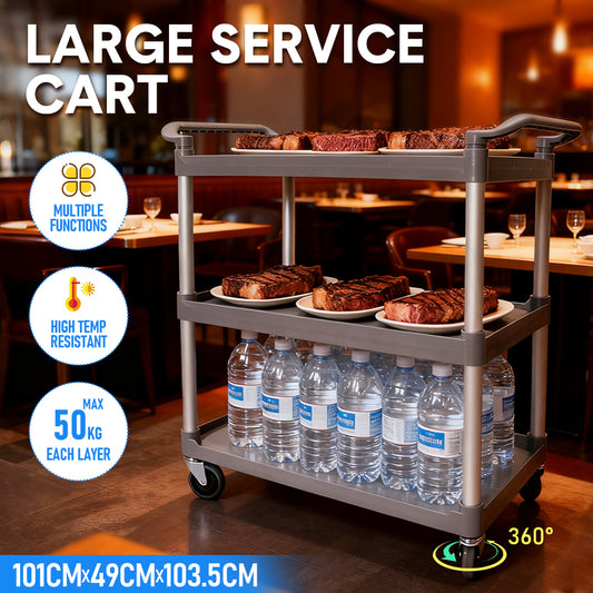 3 Tier Service Cart 1m Length Large Rolling Trolley with Handles and Swivel Wheels for Cafe Restaurant Kitchen Food Serving Catering 120kg Capacity Utility Cart