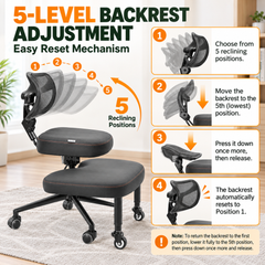 Cross Legged Office Chair Height Adjustable Meditation Chair 360 Footrest Rotating Kneeling Chair Backrest and Wheels Home Office Yoga Chair Black