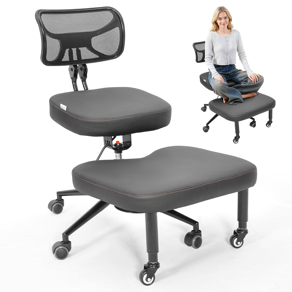 Cross Legged Office Chair Height Adjustable Meditation Chair 360 Footrest Rotating Kneeling Chair with Backrest and Wheels Home Office Yoga Chair Black