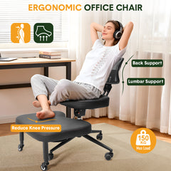 Cross Legged Office Chair Height Adjustable Meditation Chair 360 Footrest Rotating Kneeling Chair with Backrest and Wheels Home Office Yoga Chair Black