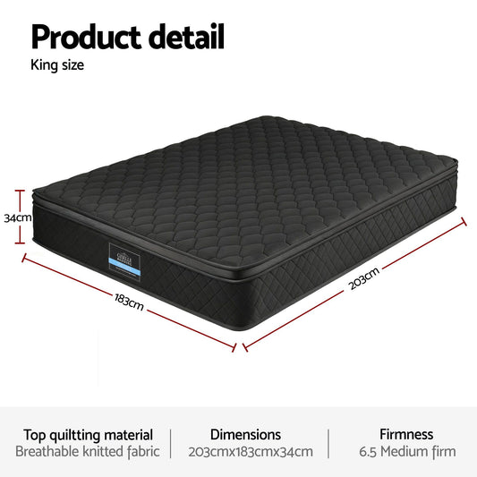 Giselle Bedding King Mattress 34cm Euro Top with 5-Zone Pocket Spring Support Black