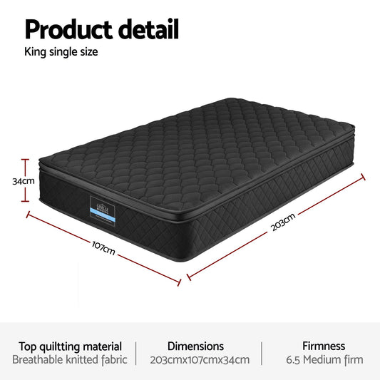 Giselle Bedding King Single Mattress 34cm Euro Top with 5-Zone Pocket Spring Support Black