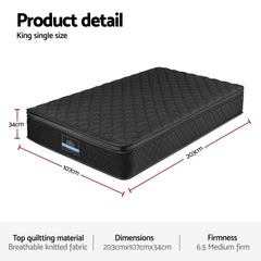 Giselle Bedding King Single Mattress 34cm Euro Top with 5-Zone Pocket Spring Support Black
