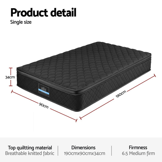 Giselle Bedding Single Mattress 34cm Euro Top with 5-Zone Pocket Spring Support Black