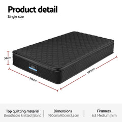 Giselle Bedding Single Mattress 34cm Euro Top with 5-Zone Pocket Spring Support Black