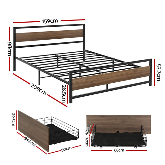 Artiss Bed Frame Queen Size Metal Frame with 2 Drawers DREW