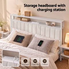 Artiss Queen Metal Bed Frame Boucle Headboard Charging Station Side Table White