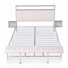 Artiss Queen Metal Bed Frame Boucle Headboard Charging Station Side Table White