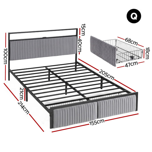 Artiss Metal Bed Frame Queen Size LED Charging Station 2 Drawers