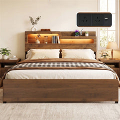 Artiss King Bed Frame Metal with Charging Station LED Light Storage Shelf
