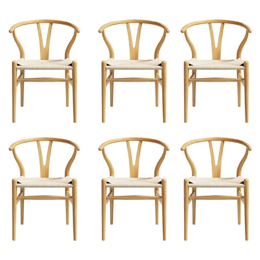 1 Set of 6 Artiss Dining Chairs Wooden Rattan Seat Wishbone Back