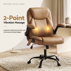 Artiss 2 Point Massage Office Chair Leather Mid Back Brown